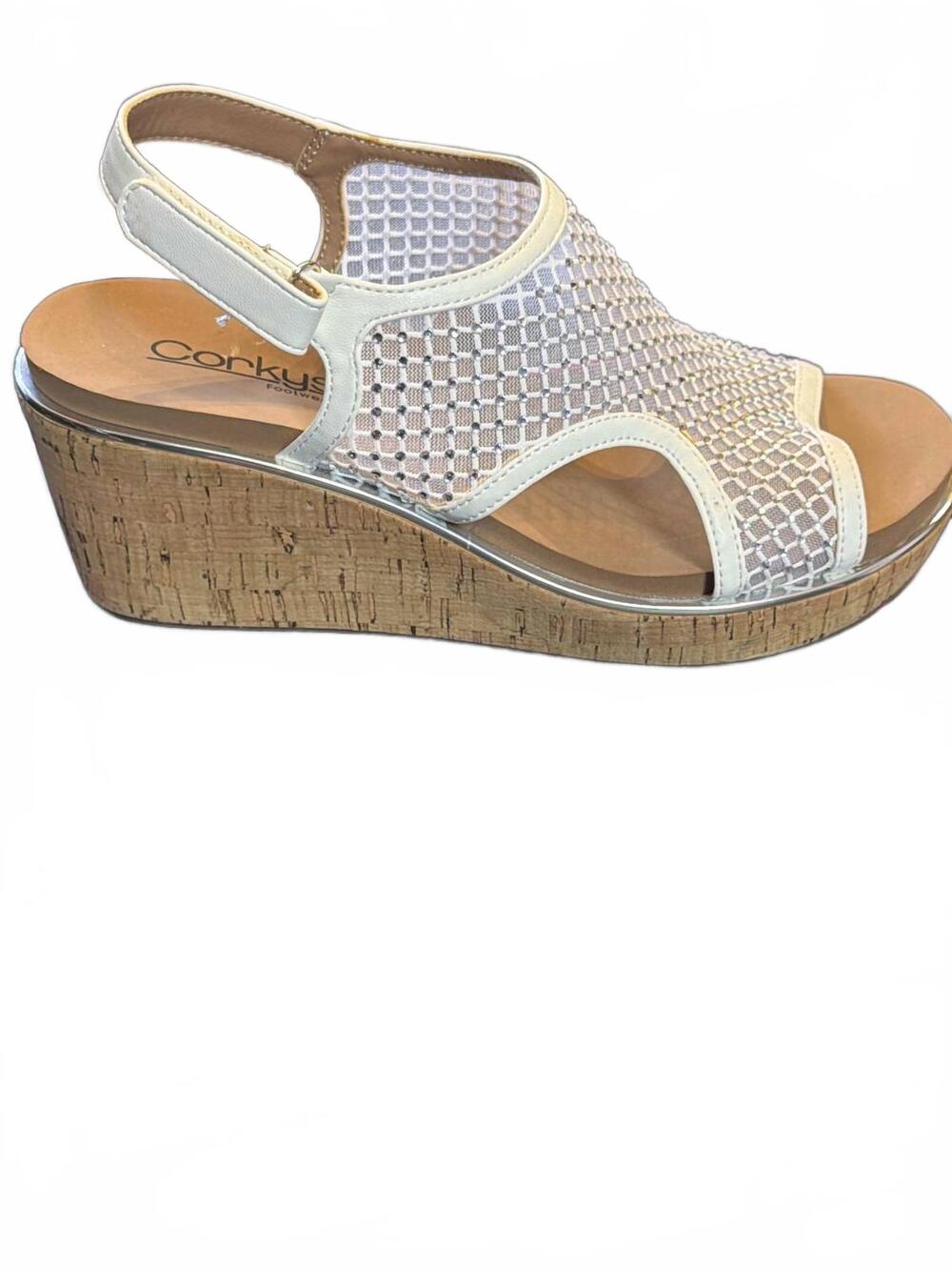 NEW CORKYS FOOTWEAR women's carley wedge in white mesh sparkle